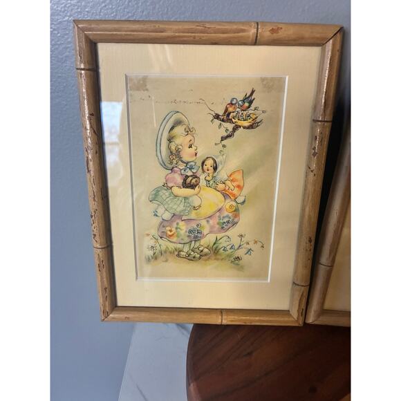Vintage Nursery Wall Art Set of 2 Framed Children’s Illustrations Bamboo Frames - Picture 5 of 8